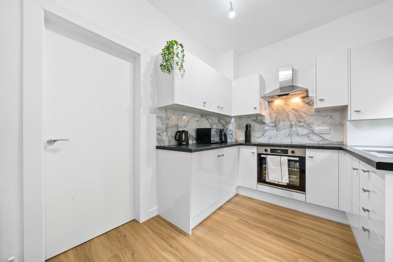 Modern kitchen with white cabinetry, marble backsplash, wooden flooring and hanging plant