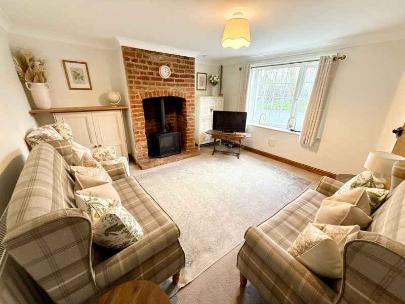 Bright living room with fireplace, two plaid armchairs, TV, and large windows