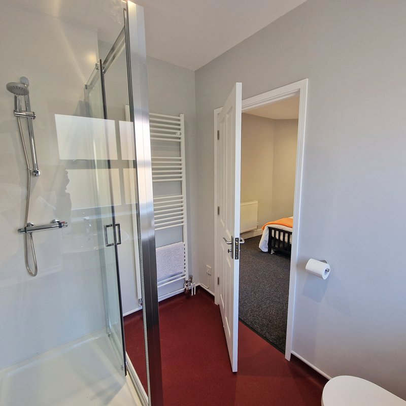 Modern bathroom with walk-in shower, heated towel rail, toilet, and red tiled floor