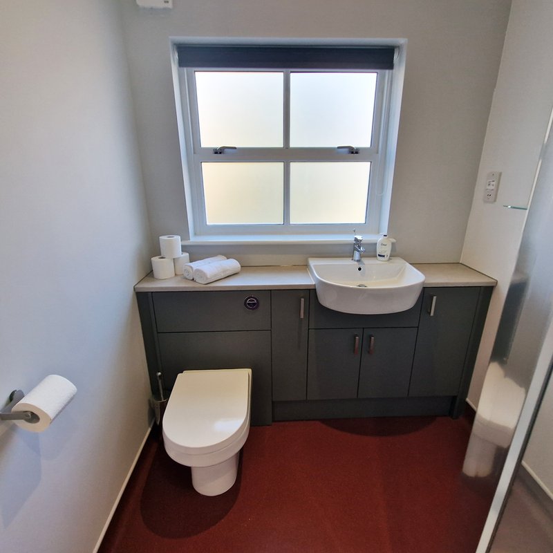 Modern bathroom with toilet, round sink, dark vanity, window and red floor
