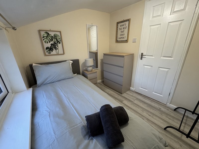 Bedroom with single bed, grey dresser, plant art, mirror and white wardrobe doors