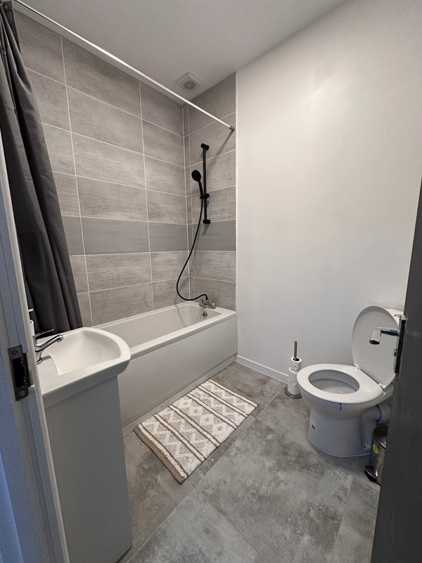 Modern bathroom with bathtub, shower enclosure, toilet, and grey tile flooring