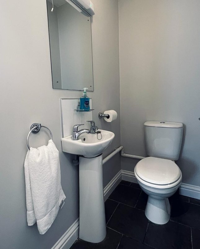 Small bathroom with pedestal sink, toilet, mirror, and towel rack