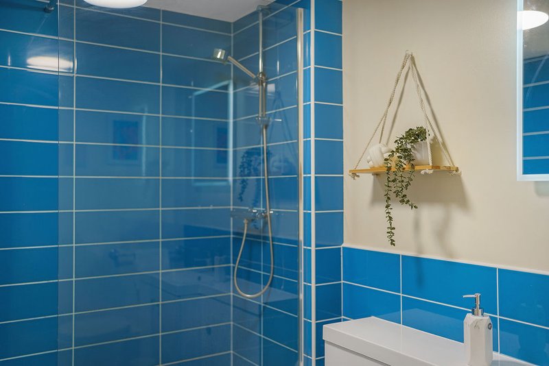 Modern bathroom with blue tile walls, glass shower enclosure, and hanging plant