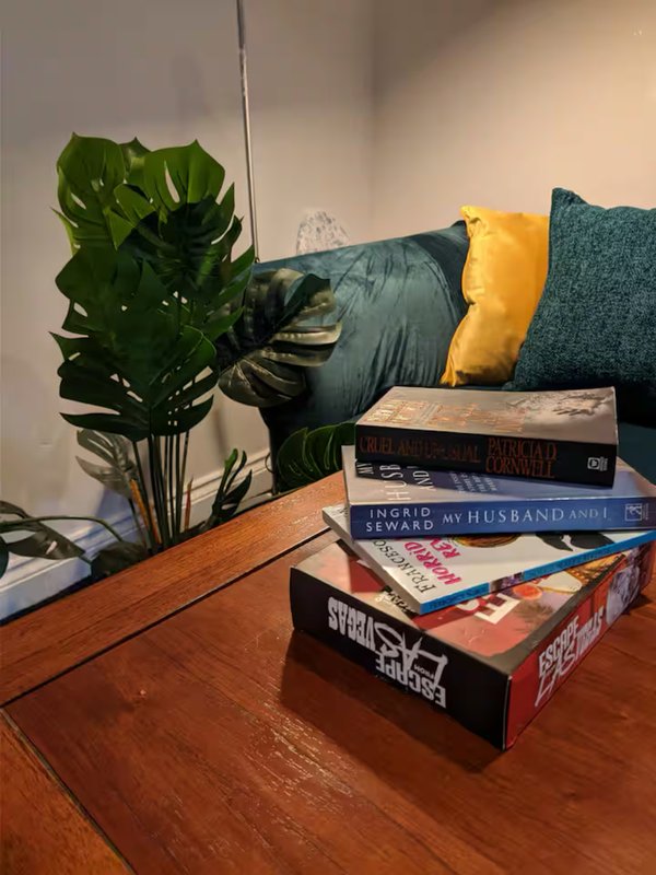 Wooden table with stacked books, potted plant, and colorful cushions on sofa
