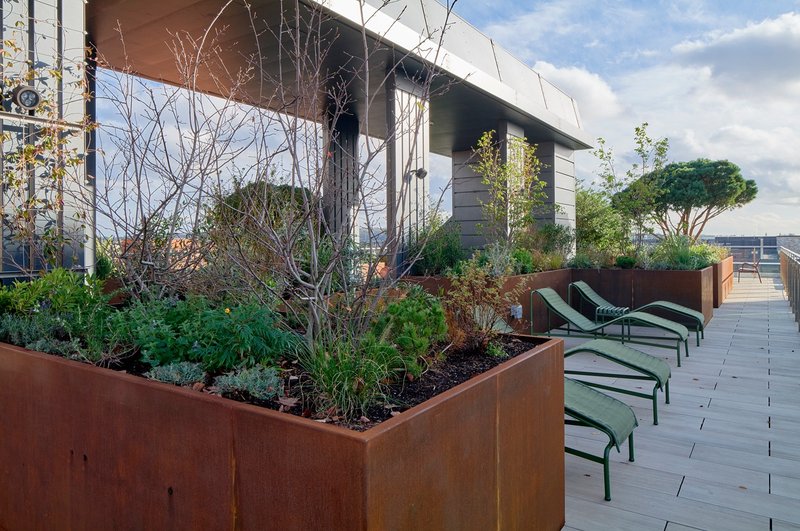 Modern rooftop terrace with raised planters, seating, and city views
