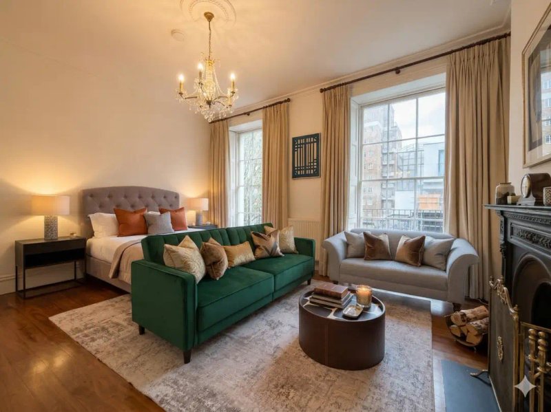 Elegant bedroom with green sofa, double bed, fireplace, and city view windows