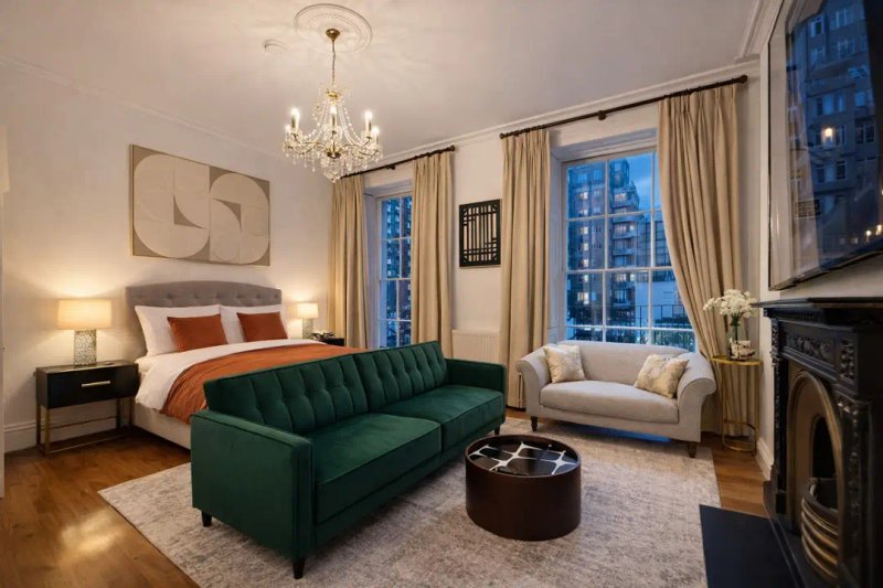 Luxury bedroom with green velvet sofa, queen bed, fireplace and city views