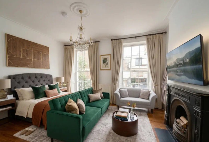 Luxury bedroom with double bed, green sofa, fireplace, chandelier and large windows
