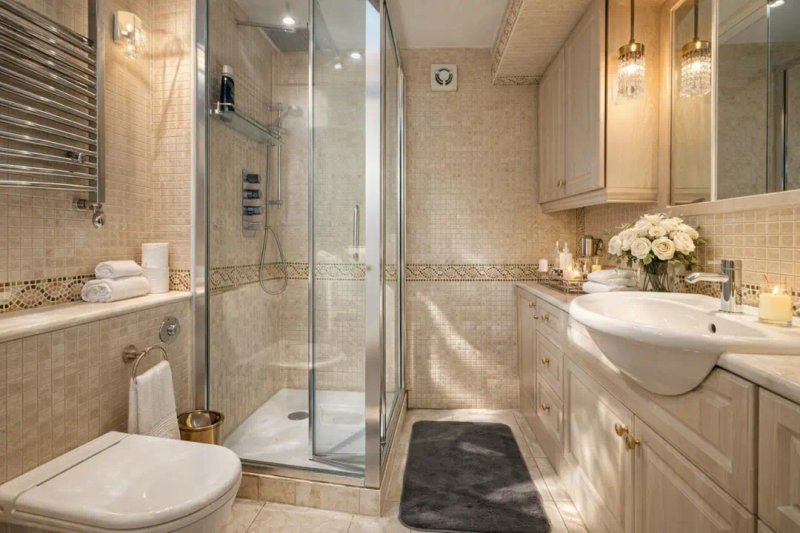 Luxury bathroom with walk-in shower, double vanity, toilet and heated towel rail