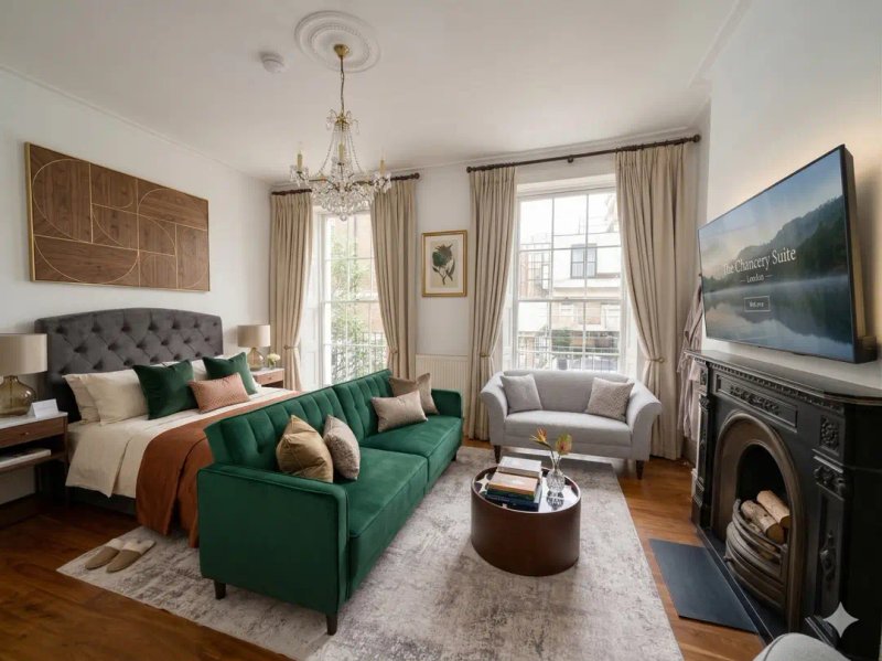 Stylish bedroom with green sofa, fireplace, large windows and chandelier overhead.