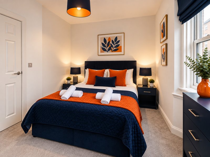 Modern bedroom with double bed, orange and navy bedding, black nightstands, and framed wall art