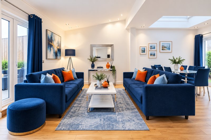 Spacious living room with two blue sofas, orange cushions, wooden floor and skylight