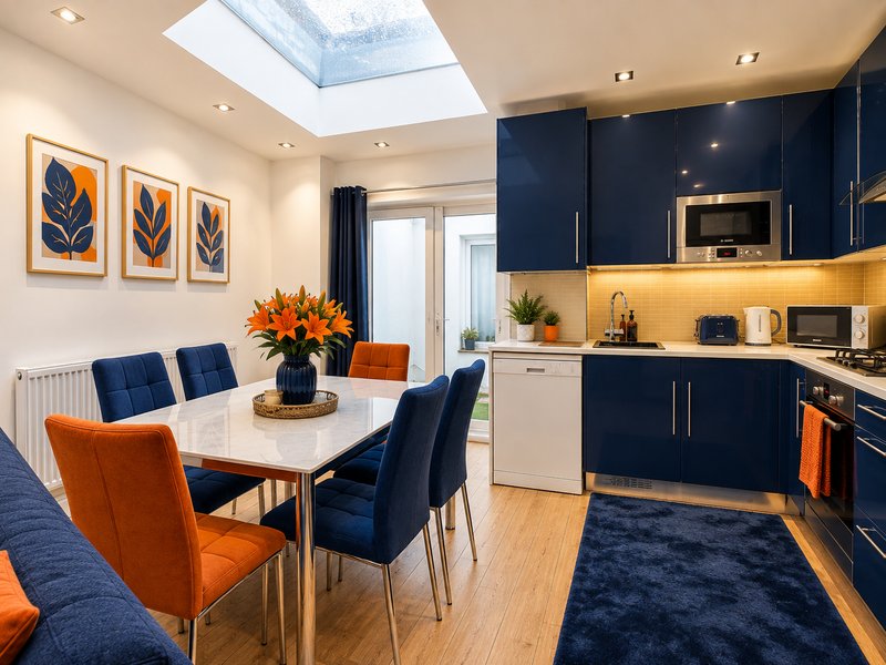 Modern open-plan kitchen and dining area with navy cabinetry, orange accent chairs, and skylight