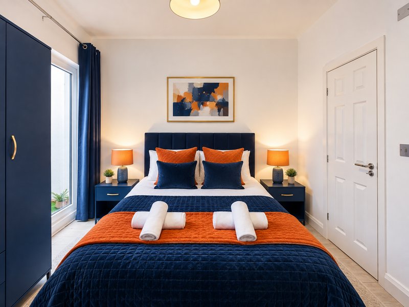 Modern bedroom with navy and orange bedding, twin bedside lamps, framed artwork, and rolled towels on bed