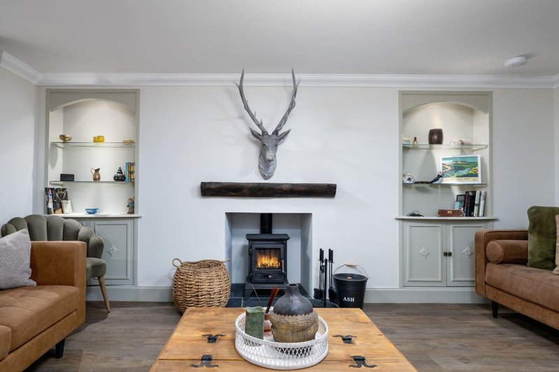 Living room with fireplace, antelope mount, built-in shelving, tan leather sofa and wooden coffee table