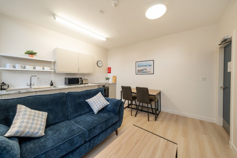 Open-plan living area with blue sofa, kitchenette, dining chairs and wooden flooring