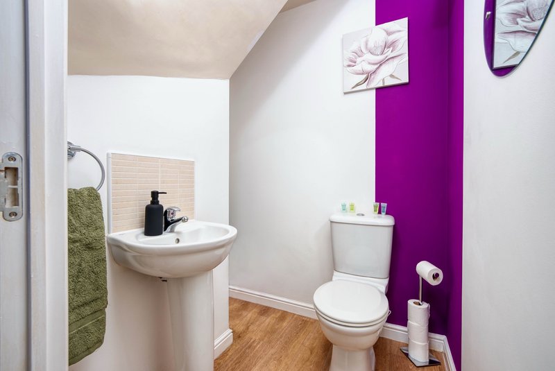 Bathroom with white pedestal sink, toilet, purple accent wall, and wooden flooring