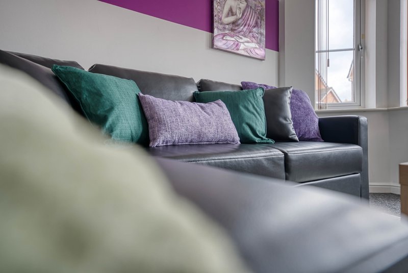 Modern living room with gray sofa, colorful cushions, purple accent wall, and window