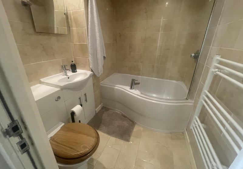 Modern bathroom with curved shower enclosure, sink, toilet, and heated towel rail