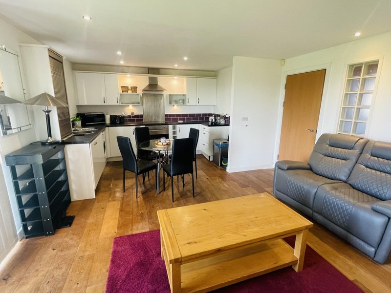 Open-plan kitchen and living room with wooden dining table, gray sofa and modern furnishings