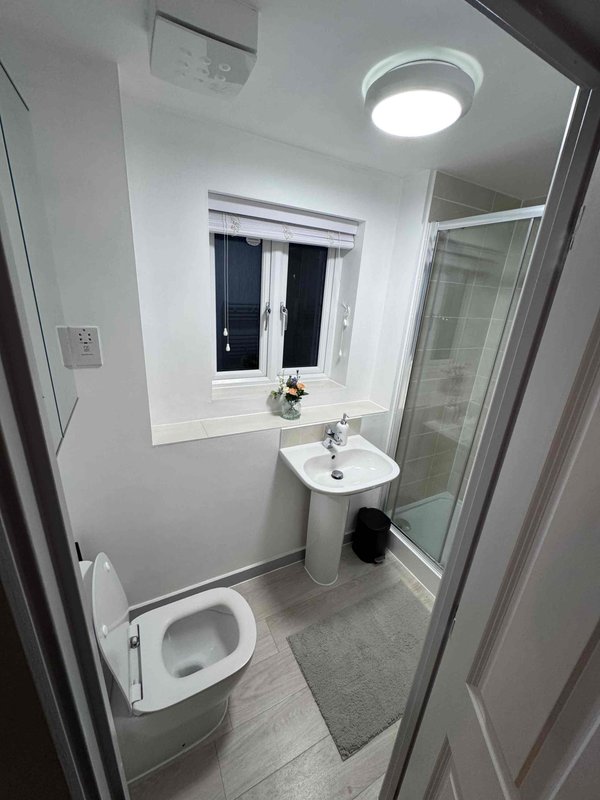 Clean modern bathroom with toilet, pedestal sink, mirror and shower cubicle