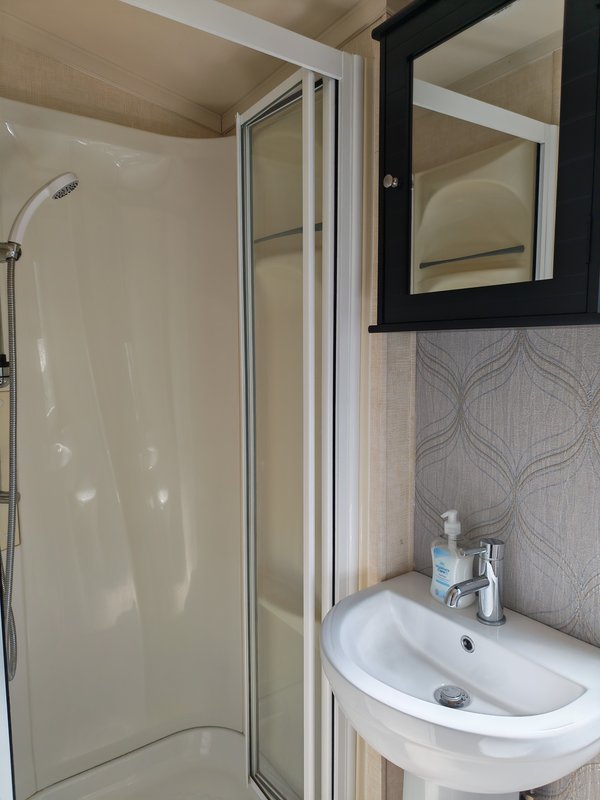 Modern bathroom with shower enclosure, white sink, mirror and tiled backsplash