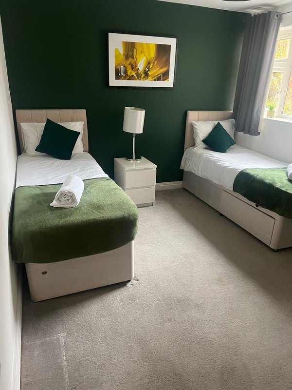 Twin bedroom with green accent wall, two beds with cushions, shared bedside table and lamp