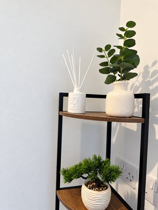 Tall black shelving unit with potted plants, diffuser, and decorative items against white wall