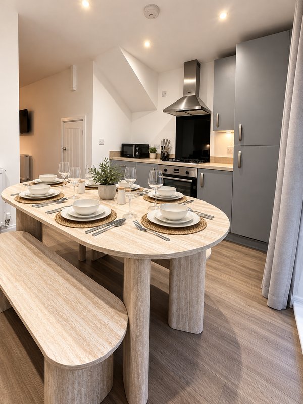Modern open-plan kitchen and dining area with wooden table, place settings, and black range hood