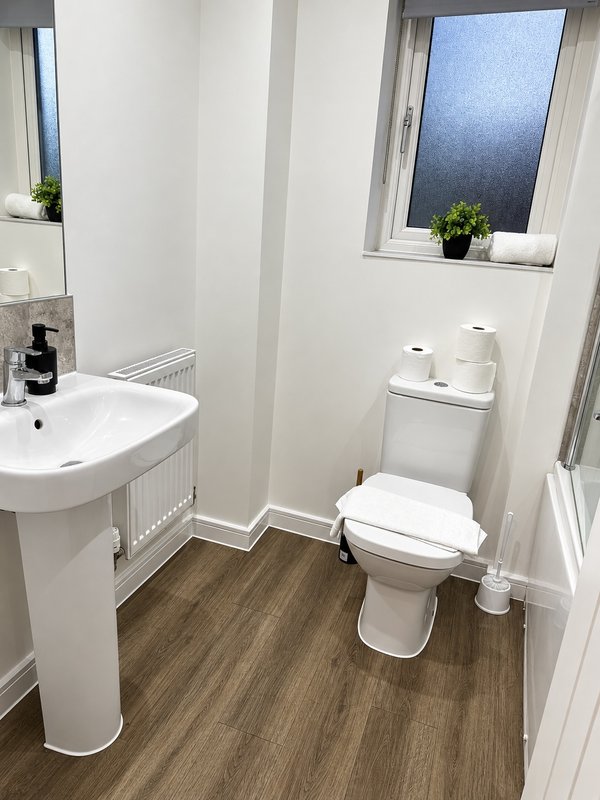 Clean bathroom with pedestal sink, toilet, wooden flooring and window