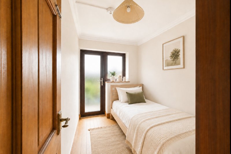 Compact bedroom with single bed, wooden wardrobe, and glass door to garden