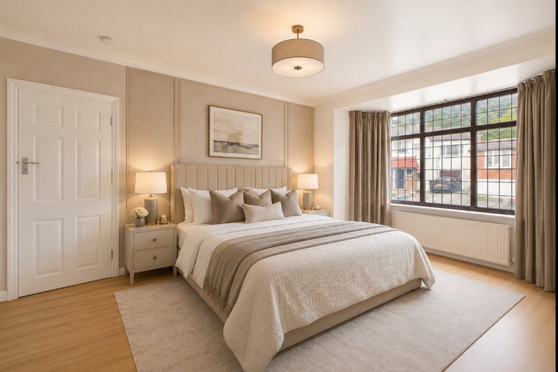 Neutral-toned bedroom with double bed, bedside tables, lamps, and large window overlooking street