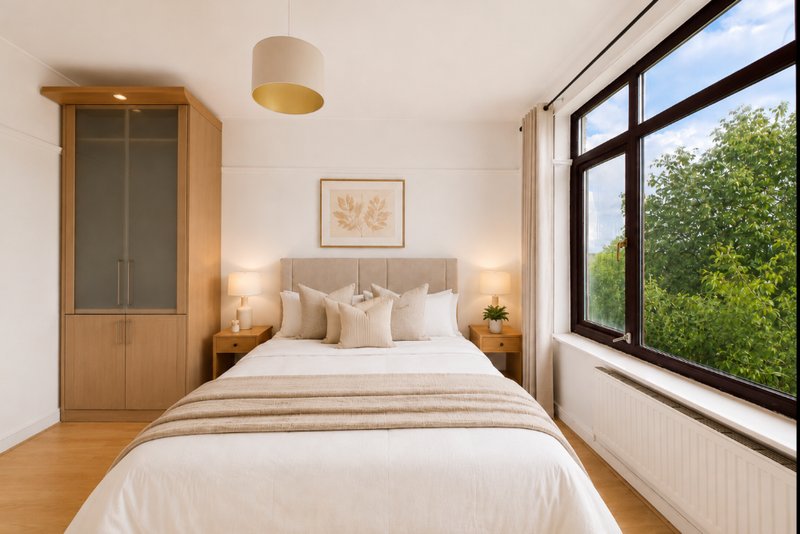 Bright modern bedroom with double bed, wooden wardrobe, bedside lamps and large windows overlooking garden
