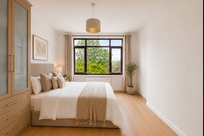 Bright bedroom with double bed, wooden wardrobe, large window overlooking garden