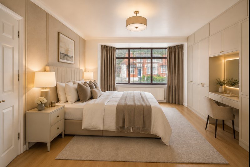 Spacious modern bedroom with double bed, bedside tables, desk area and large window with curtains