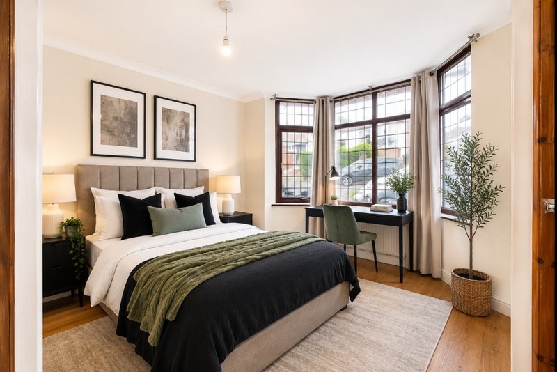 Bright bedroom with double bed, desk, large windows, wooden floor and wall art