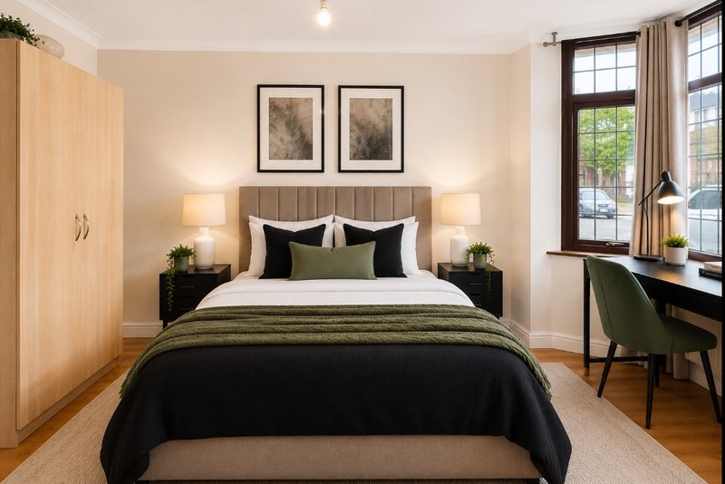 Bright bedroom with double bed, wooden wardrobe, desk area and framed wall art