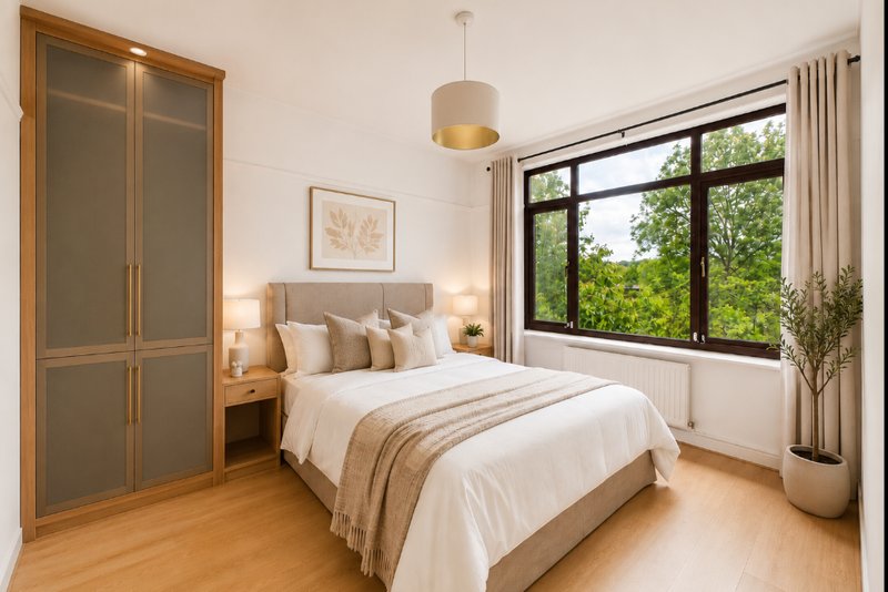 Bright bedroom with double bed, wooden wardrobe, pendant light and large windows overlooking garden