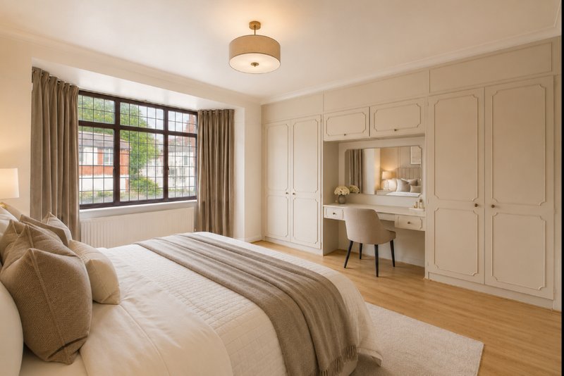 Spacious bedroom with double bed, built-in wardrobes, dressing table and large windows