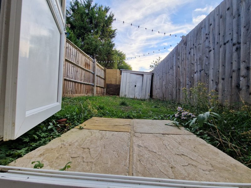 Outdoor garden area with patio, wooden fence, overgrown vegetation and string lights overhead