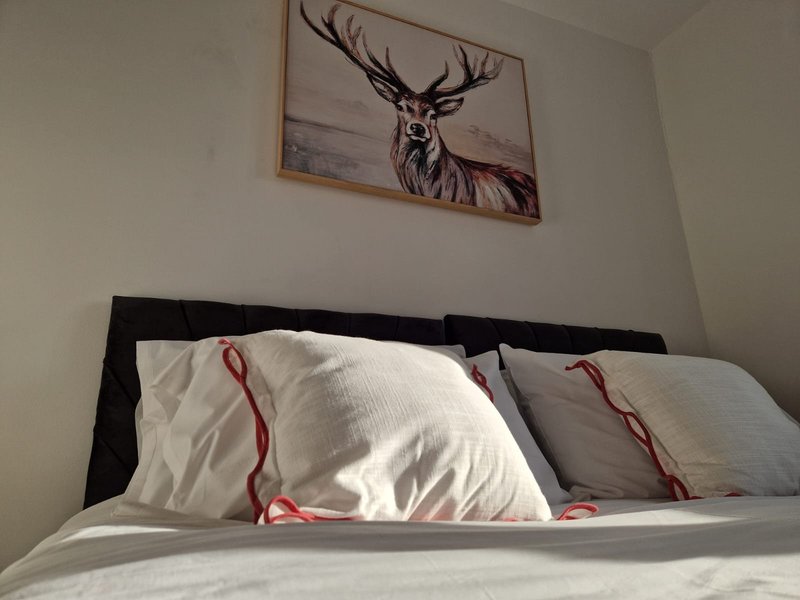 Bedroom with black bed frame, white pillows with red trim, and deer artwork on wall