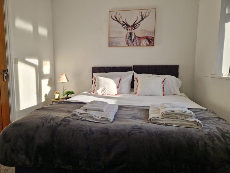 Bright bedroom with double bed, black headboard, rolled towels, and deer artwork
