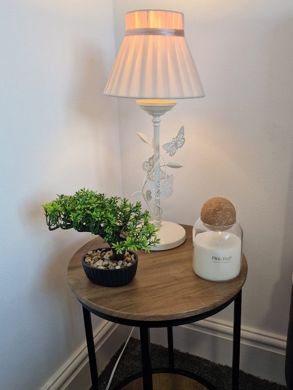 Wooden side table with decorative lamp, potted plant, and home accessories