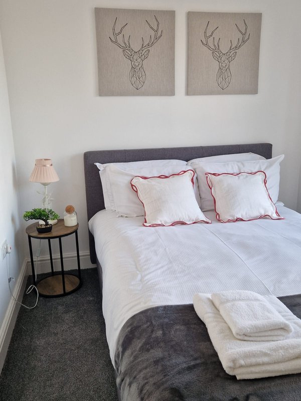 Bedroom with double bed, dark headboard, white bedding, deer artwork and side table lamp