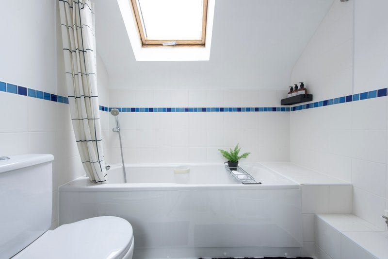 Bright bathroom with white suite, blue tile trim, skylight, and potted plant on tub edge