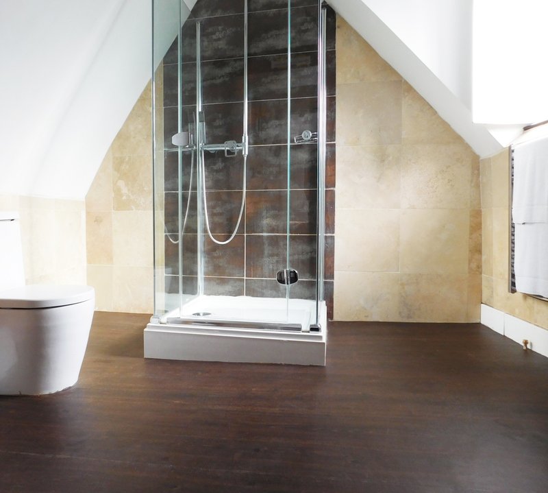 Modern bathroom with walk-in shower, toilet, and dark wooden flooring under sloped ceiling