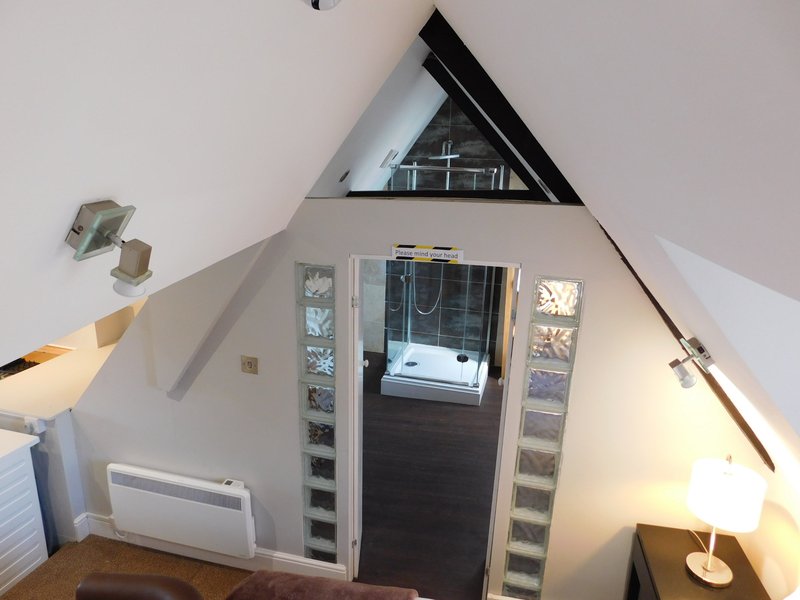 Attic bedroom with sloped ceiling, triangular window, dark wooden door and modern decor