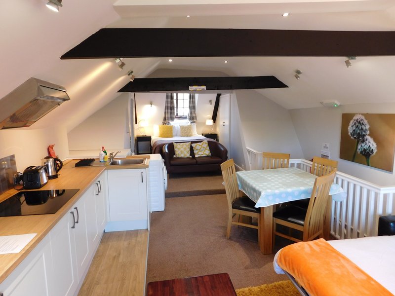 Open-plan attic studio with white kitchen, dining table, bed and seating area