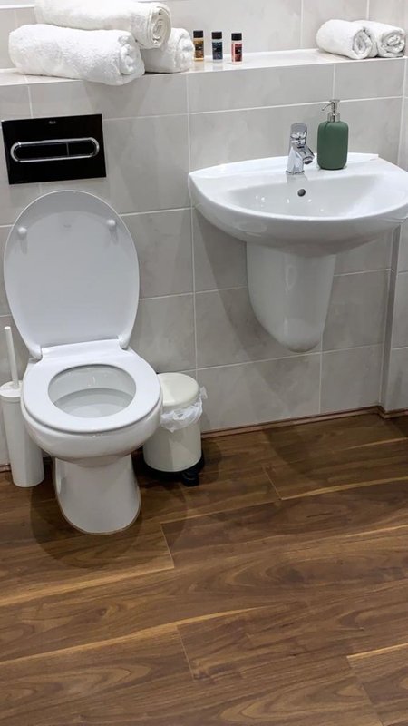 Modern bathroom with white toilet, pedestal sink, wooden floor and shelving